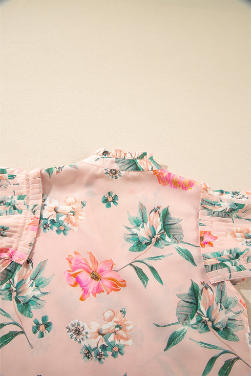 Pink Floral Print Frilled V Neck Pleated Sleeve Blouse