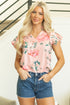 Pink Floral Print Frilled V Neck Pleated Sleeve Blouse