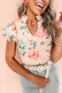 Pink Floral Print Frilled V Neck Pleated Sleeve Blouse