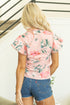Pink Floral Print Frilled V Neck Pleated Sleeve Blouse