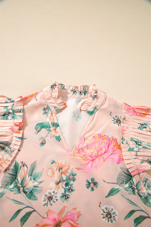 Pink Floral Print Frilled V Neck Pleated Sleeve Blouse
