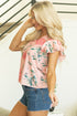 Pink Floral Print Frilled V Neck Pleated Sleeve Blouse