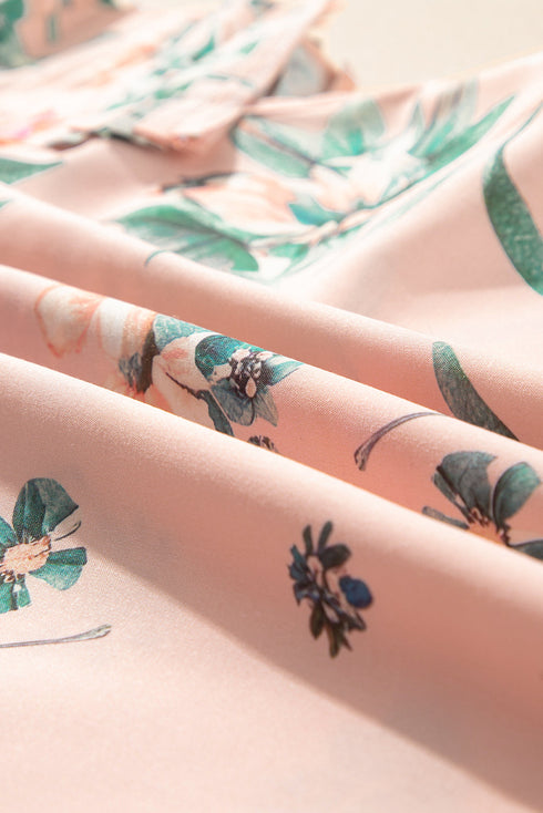 Pink Floral Print Frilled V Neck Pleated Sleeve Blouse