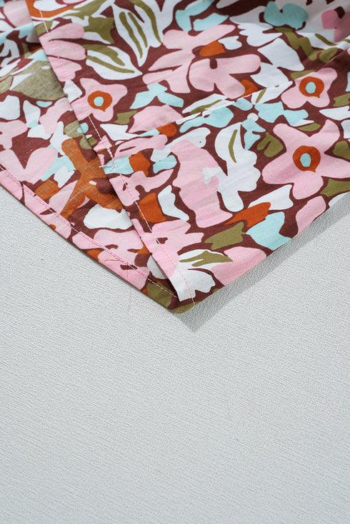 Pink Floral Print Puff Sleeve Shirred High Waist Mini Dress