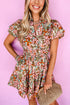 Pink Floral Print Puff Sleeve Shirred High Waist Mini Dress