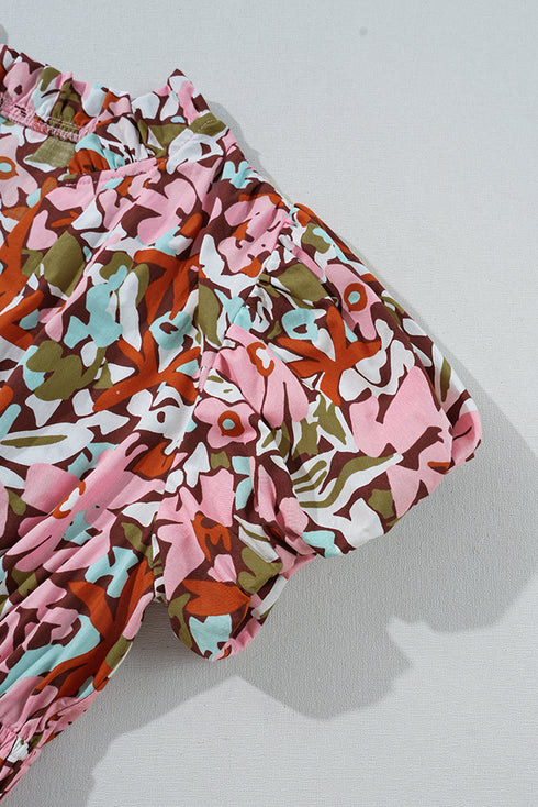 Pink Floral Print Puff Sleeve Shirred High Waist Mini Dress
