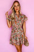 Pink Floral Print Puff Sleeve Shirred High Waist Mini Dress