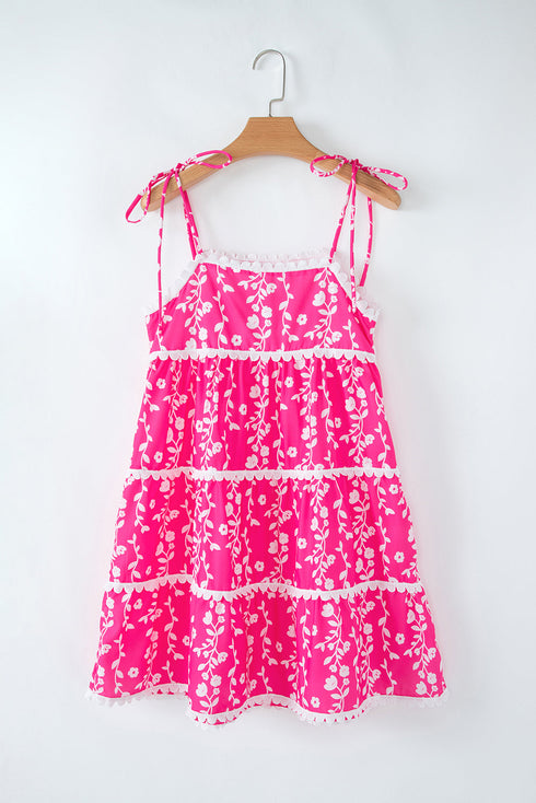 Pink Floral Print Ric Rac Patched Sleeveless Mini Dress