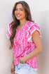 Pink Floral Print Ric-rac Tiered Ruffled V Neck Blouse
