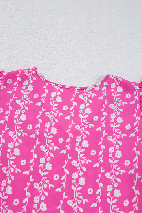 Pink Floral Print Ric-rac Tiered Ruffled V Neck Blouse