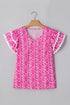 Pink Floral Print Ric-rac Tiered Ruffled V Neck Blouse