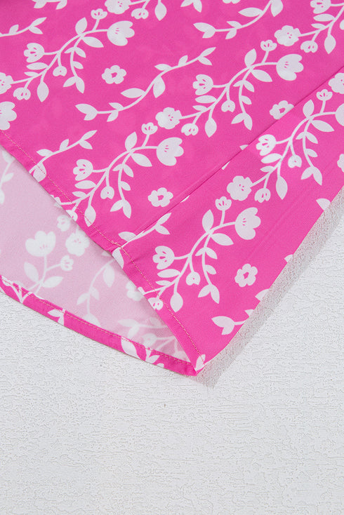 Pink Floral Print Ric-rac Tiered Ruffled V Neck Blouse