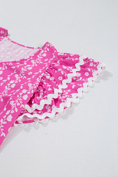 Pink Floral Print Ric-rac Tiered Ruffled V Neck Blouse