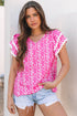 Pink Floral Print Ric-rac Tiered Ruffled V Neck Blouse