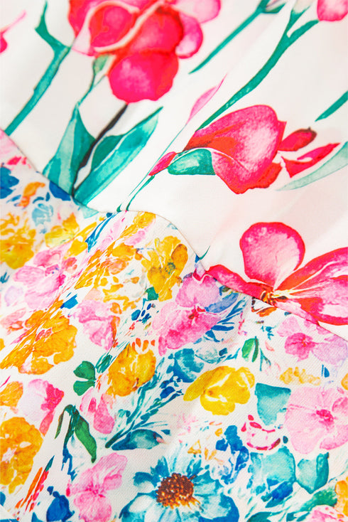 Pink Floral Print Striped Detail Split Neck Short Sleeve Blouse