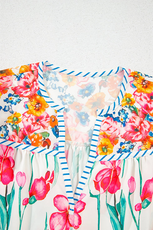 Pink Floral Print Striped Detail Split Neck Short Sleeve Blouse