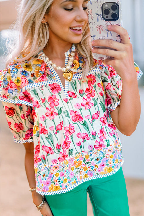 Pink Floral Print Striped Detail Split Neck Short Sleeve Blouse