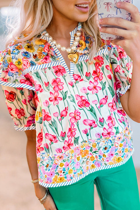 Pink Floral Print Striped Detail Split Neck Short Sleeve Blouse