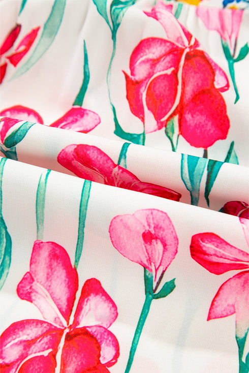 Pink Floral Print Striped Detail Split Neck Short Sleeve Blouse