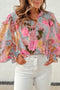 Pink Floral Print Tiered Ruffled Long Sleeve Blouse