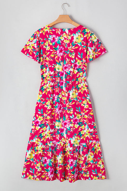 Pink Floral Print V Neck Pocketed High Waist Plus Size Midi Dress