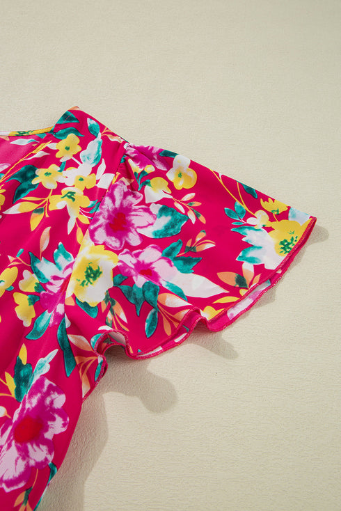 Pink Floral Print V Neck Pocketed High Waist Plus Size Midi Dress