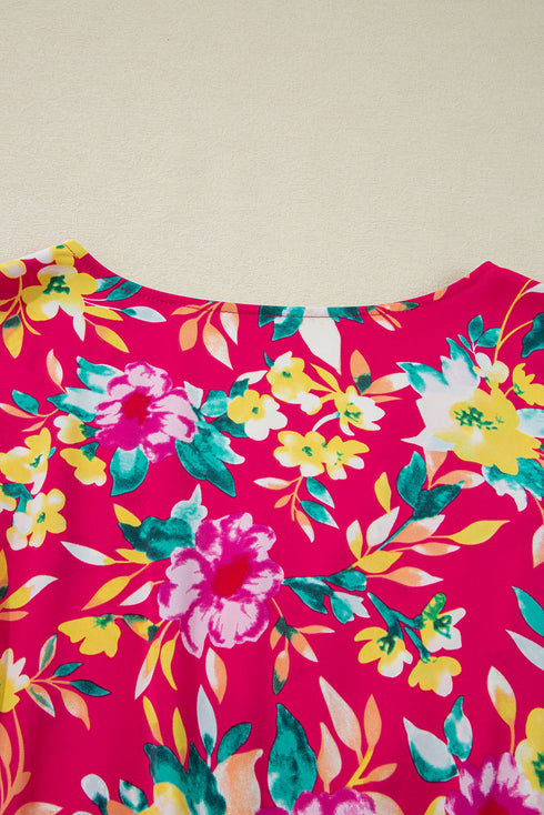 Pink Floral Print V Neck Pocketed High Waist Plus Size Midi Dress