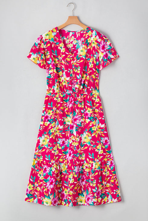 Pink Floral Print V Neck Pocketed High Waist Plus Size Midi Dress