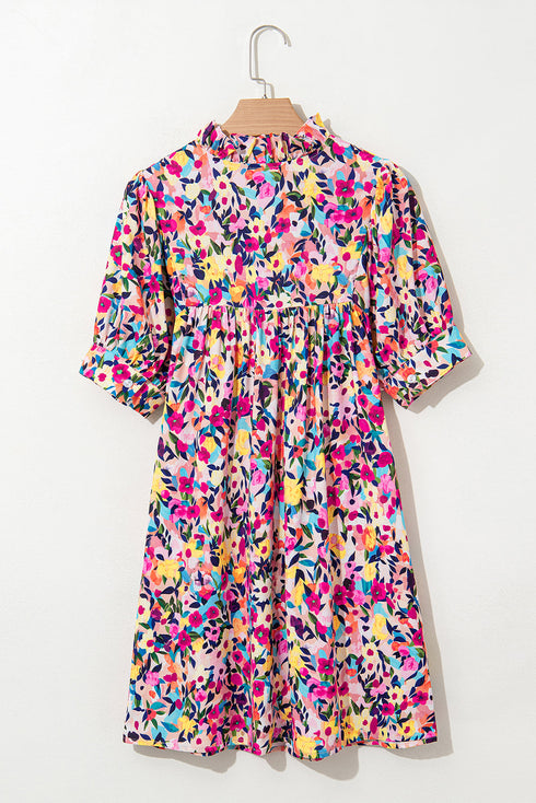 Pink Floral Puff Short Sleeve V Neck Mini Dress