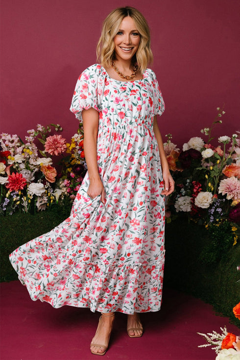 Pink Floral Puff Sleeve Square Neck Empire Waist Tiered Maxi Dress