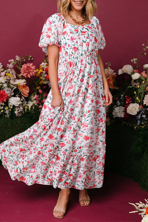 Pink Floral Puff Sleeve Square Neck Empire Waist Tiered Maxi Dress