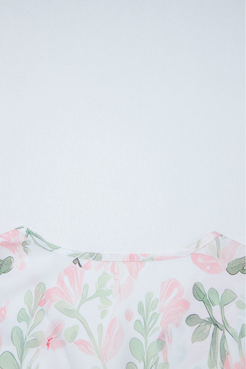 Pink Floral Puff Sleeve V Neck Tied Front Peplum Blouse