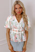 Pink Floral Puff Sleeve V Neck Tied Front Peplum Blouse
