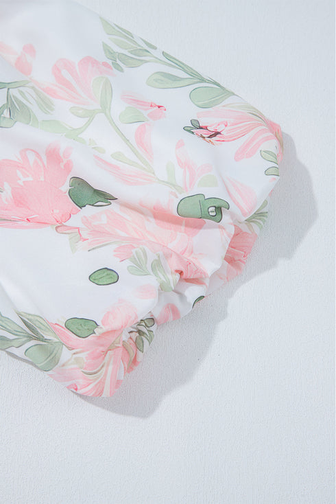 Pink Floral Puff Sleeve V Neck Tied Front Peplum Blouse