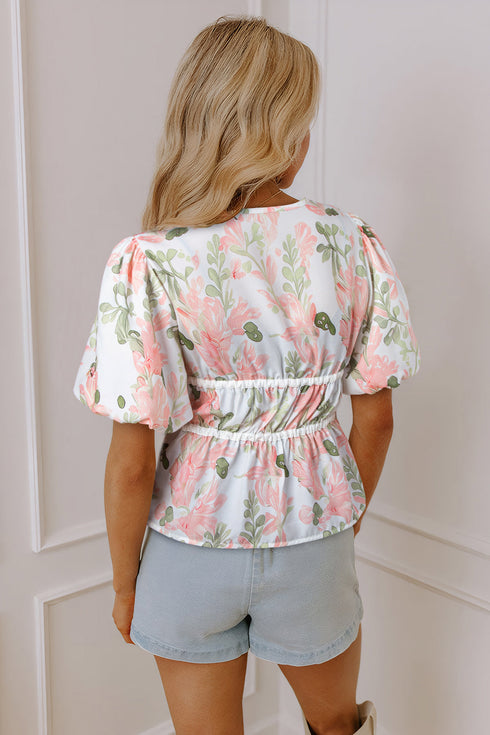 Pink Floral Puff Sleeve V Neck Tied Front Peplum Blouse
