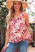 Pink Floral Round Neck Twisted Cut Out Back Tank Top
