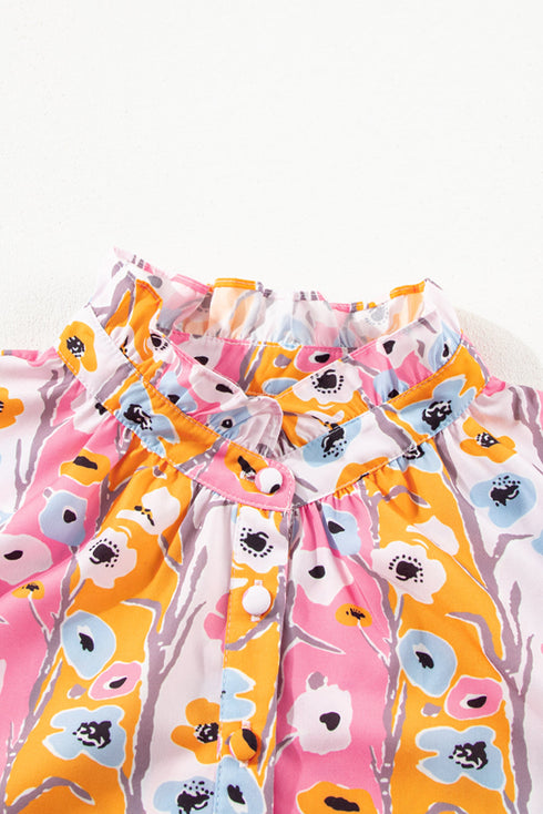 Pink Floral Ruffled Collar Bracelet Sleeve Plus Size Blouse Top