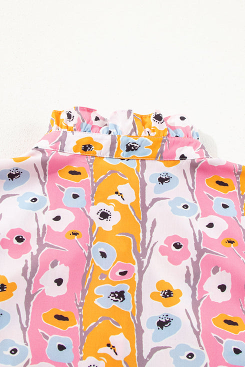 Pink Floral Ruffled Collar Bracelet Sleeve Plus Size Blouse Top