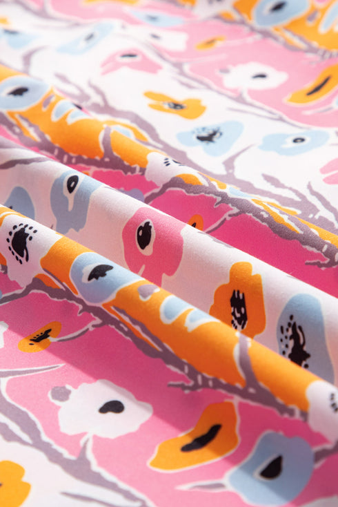 Pink Floral Ruffled Collar Bracelet Sleeve Plus Size Blouse Top