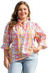 Pink Floral Ruffled Collar Bracelet Sleeve Plus Size Blouse Top