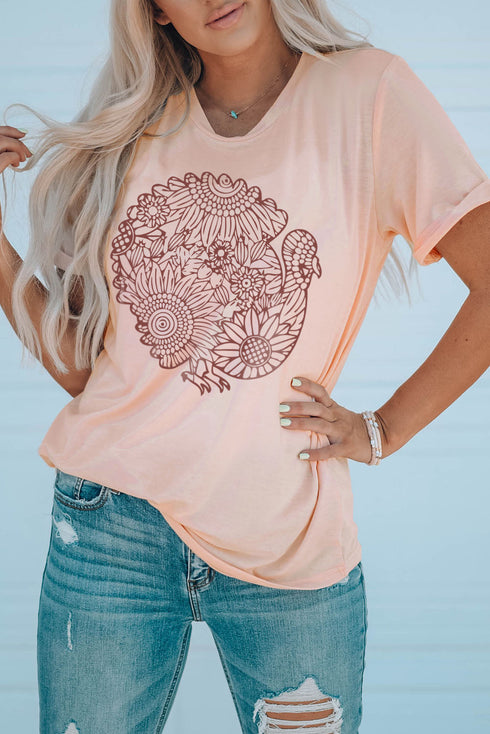 Pink Floral Turkey Shape Print Short Sleeve T Shirt