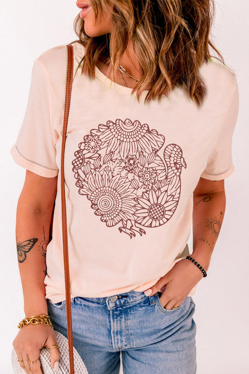 Pink Floral Turkey Shape Print Short Sleeve T Shirt