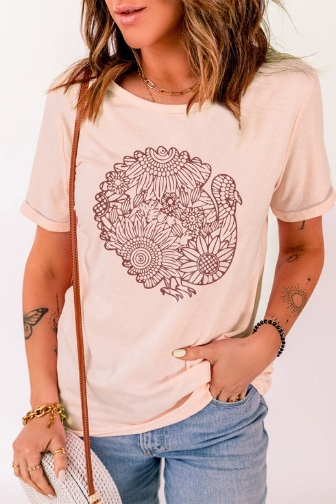 Pink Floral Turkey Shape Print Short Sleeve T Shirt