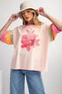 Pink Flower Color Block Half Sleeve Loose T Shirt