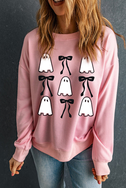 Pink Ghost Bowknot Printed Drop Shoulder Halloween Sweatshirt