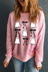 Pink Ghost Bowknot Printed Drop Shoulder Halloween Sweatshirt