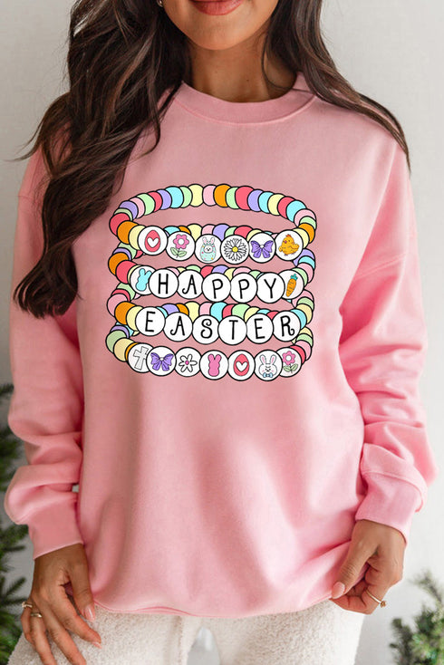 Pink Happy Easter Bracelet Print Drop Shoulder Sweatshirt