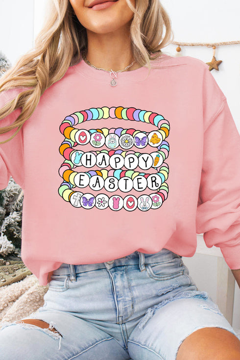Pink Happy Easter Bracelet Print Drop Shoulder Sweatshirt