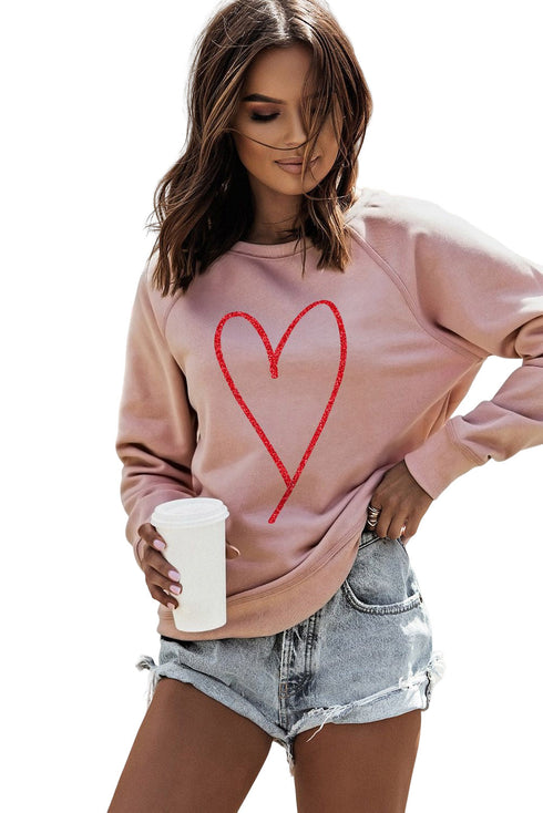 Pink Heart Glitter Graphic Raglan Pullover Sweatshirt