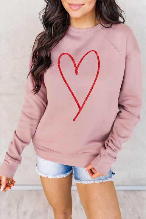 Pink Heart Glitter Graphic Raglan Pullover Sweatshirt